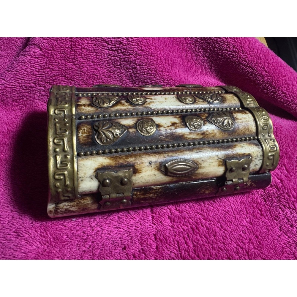 Vtg Camel Bone Brass Trinket Box Treasure Chest purple lined India 1970's